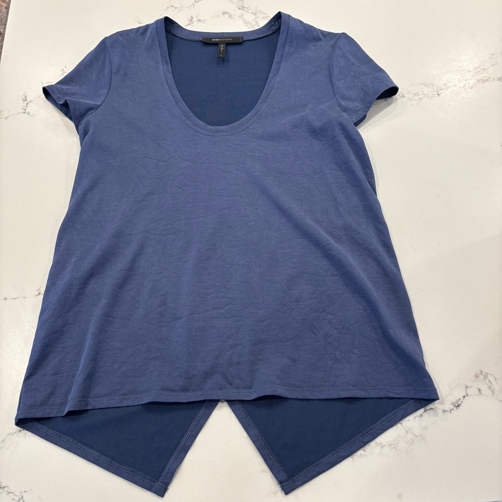 BCBGMaxAzria Split Back Short Sleeve Scoop Neck Top Blue maximalist modern